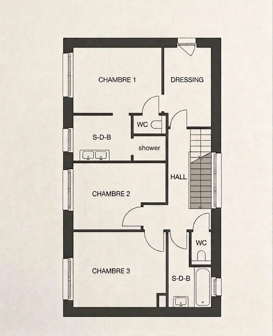 Plan simplifié de l'étage : trois chambres, dressing, salle de bains avec douche et WC, salle de bains avec baignoire et WC, hall